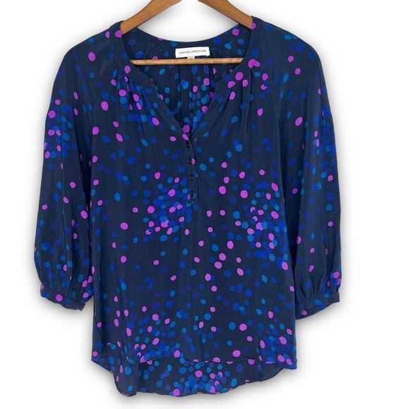 Amanda Uprichard Multicolor Polka Dot Split Neck Hi-Low Silk Blouse Small‎ - Picture 1 of 11